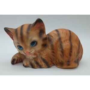 Vtg Norleans Tiger Kitten Cat Orange Striped Blue Eyes Figurine Ginger Tabby